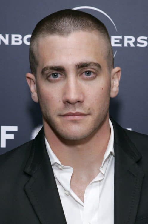 Celebrity Jake Gyllenhaal shows his  Shaved Head.