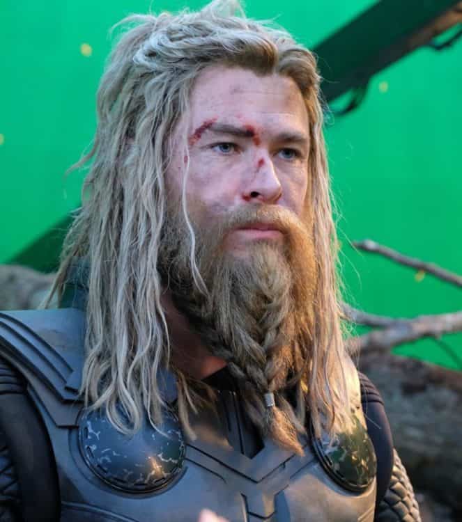 Chris Hemsworth as Thor with a single Viking beard.