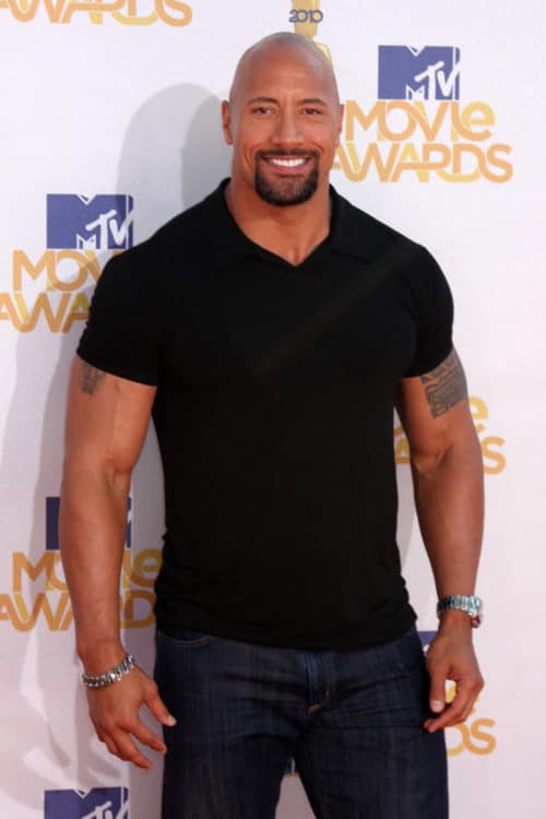 Dwayne "The Rock" Johnson, sporting the bald and goatee look