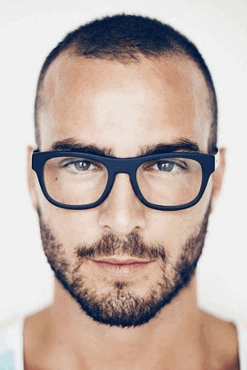 Square-Cut Matte Black Frames with a shaved head.